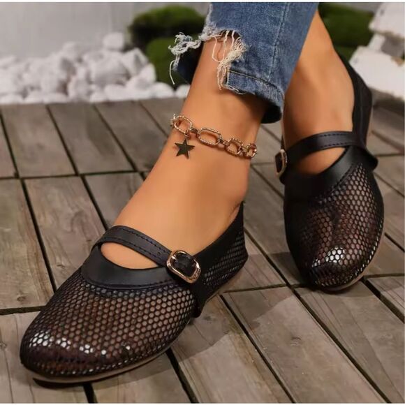 Women’s Black Mesh Mary Jane Flats Buckle Straps - Picture 3 of 13